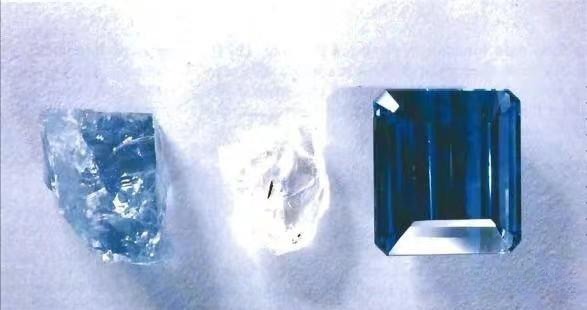 Comparison of Maxixe beryl: unfaded deep blue (right), partially faded (middle), and fully faded (left).