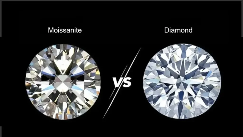 Side-by-side moissanite vs diamond optical differences comparison.