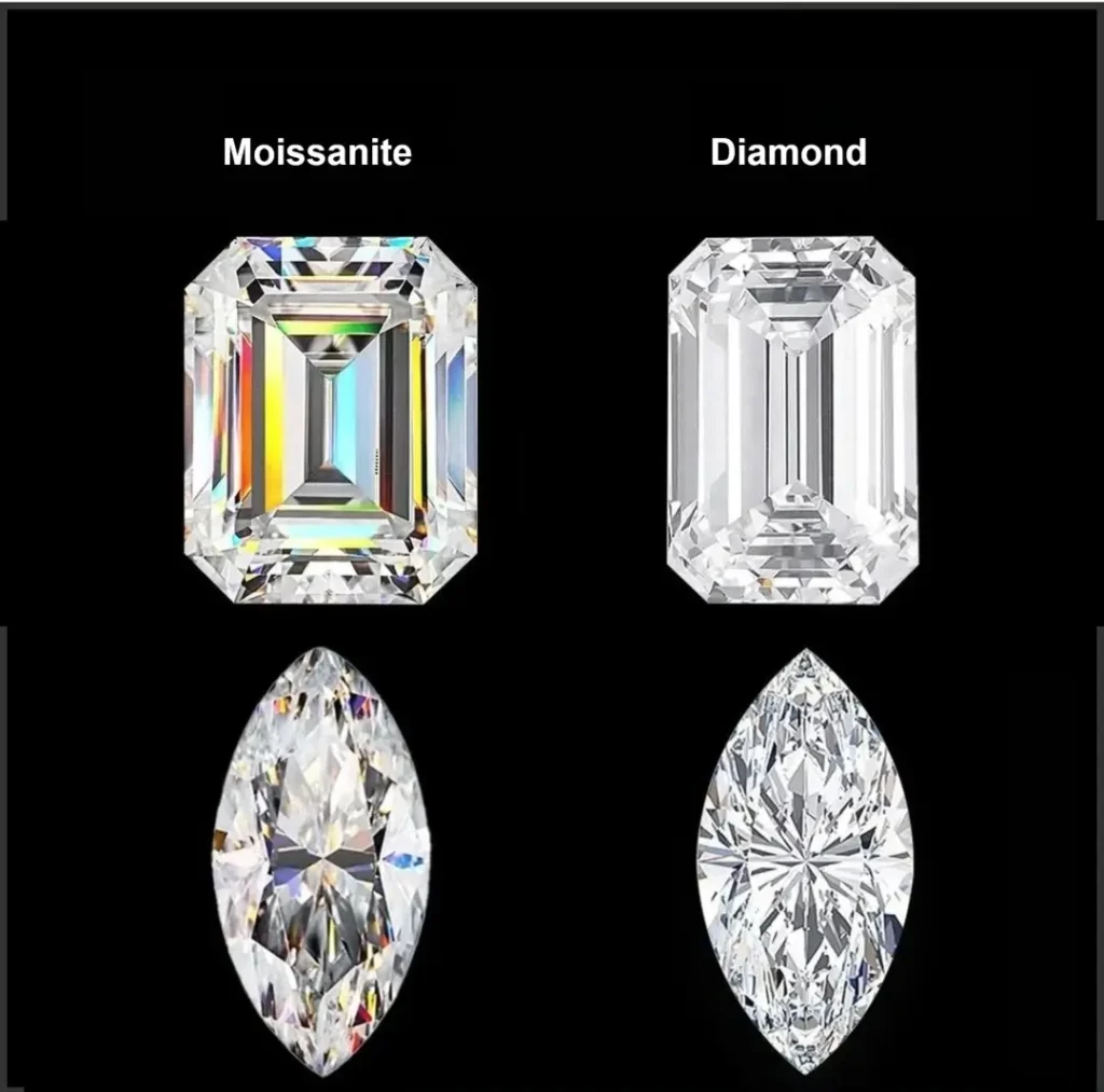 A macro comparison showing parallel polishing lines on moissanite versus multidirectional grain on diamond facets.