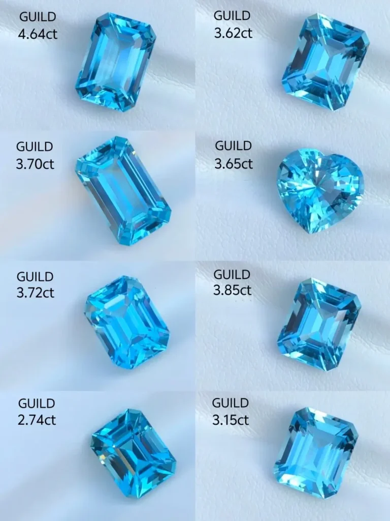 A range of Exceptional Santa Maria beryl in various carat sizes with rich blue coloration.