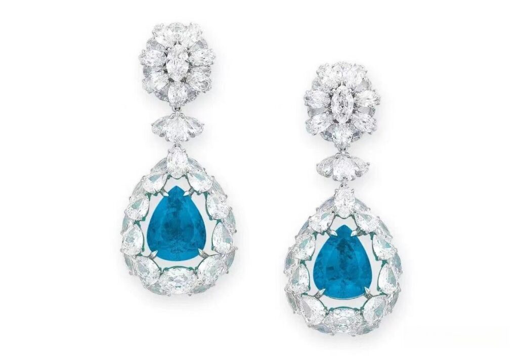 Paraiba tourmaline and diamond earrings sold at Christie's Hong Kong 2018 auction.