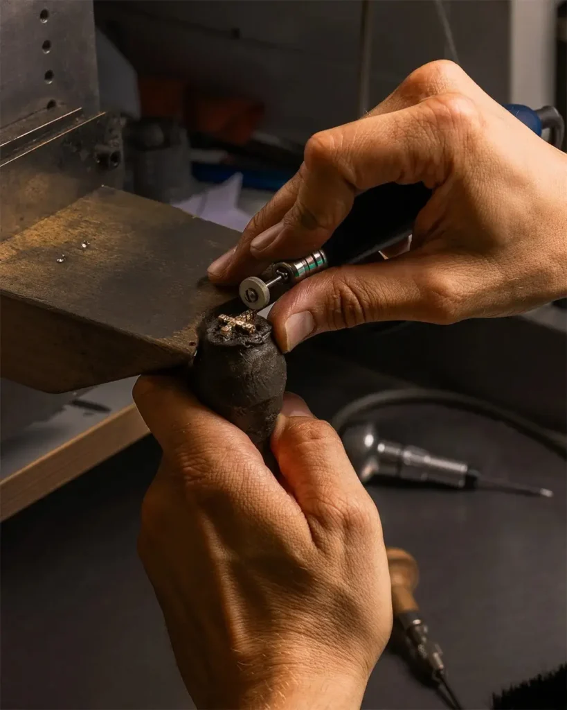 A PeonyJewels goldsmith meticulously polishes the piece to enhance the luster of the tiny beads.