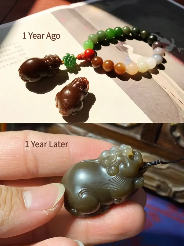 One-year color comparison of a Qiemo Sugar Jade pendant showing fading.