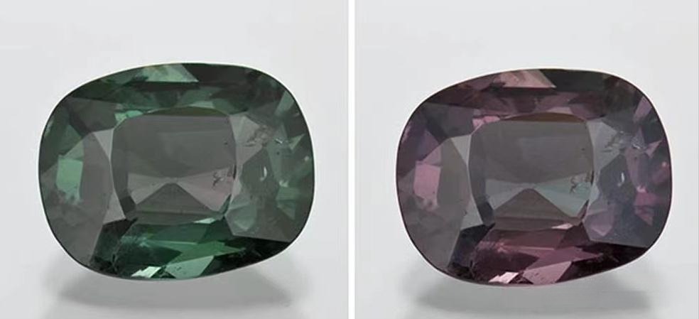 Exquisite Russian alexandrite gemstone displaying vivid green and raspberry red hues.
