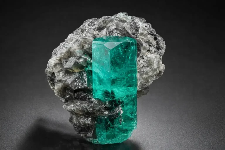 Natural Colombian gemstones: Raw Muzo emerald crystal in grey calcite matrix showing hexagonal structure.