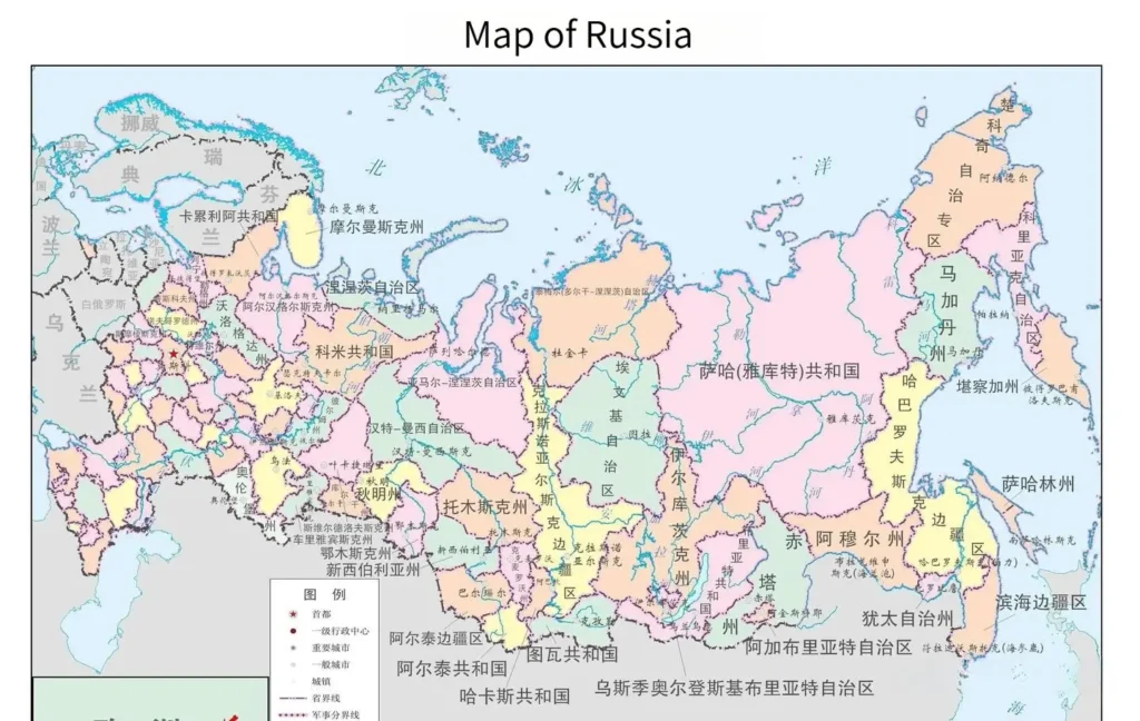 Illustration showing the territorial extent of Russia across Eastern Europe and Northern Asia.