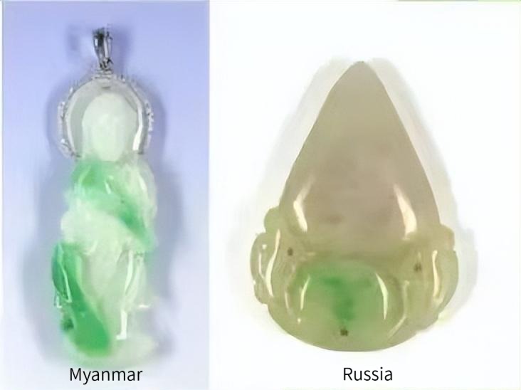 Russian and Burmese jadeite pendants showing differences in color, texture, and overall quality.