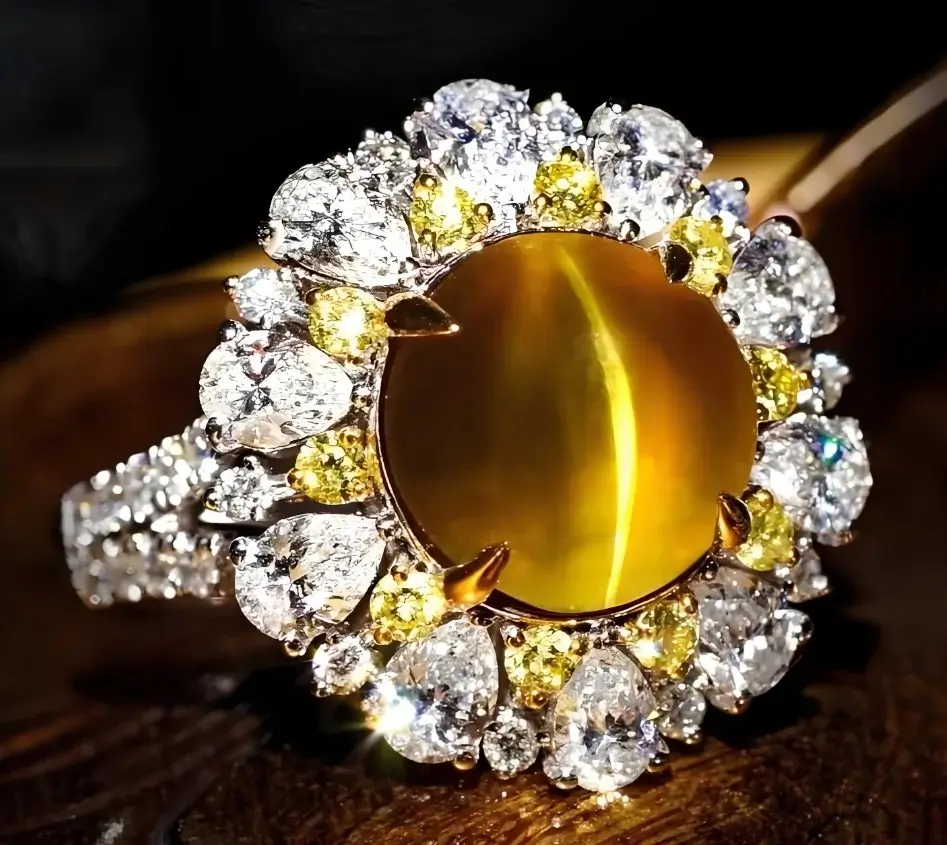 Sri Lankan 5-carat Chrysoberyl ring set with diamonds, showcasing high-quality gem rarity.
