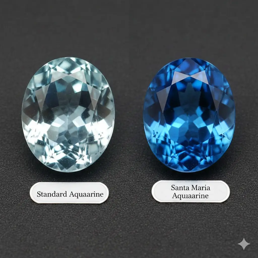 Side-by-side comparison of a pale light blue standard aquamarine and a vivid deep blue Santa Maria.
