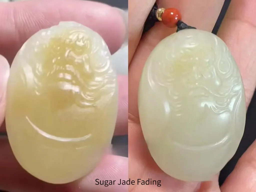 Sugar Jade pendant color change over two years.