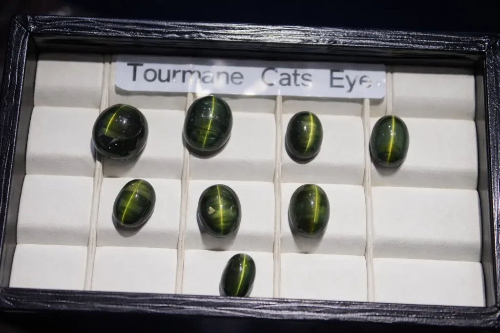 Tourmaline Cat’s Eye gemstone showing natural chatoyancy, color, and texture, distinct from Chrysoberyl Cat’s Eye.
