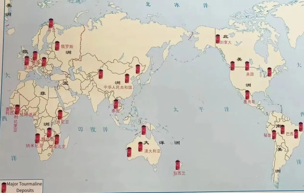 Global tourmaline deposits map showing major sources of gem-quality tourmaline across continents.