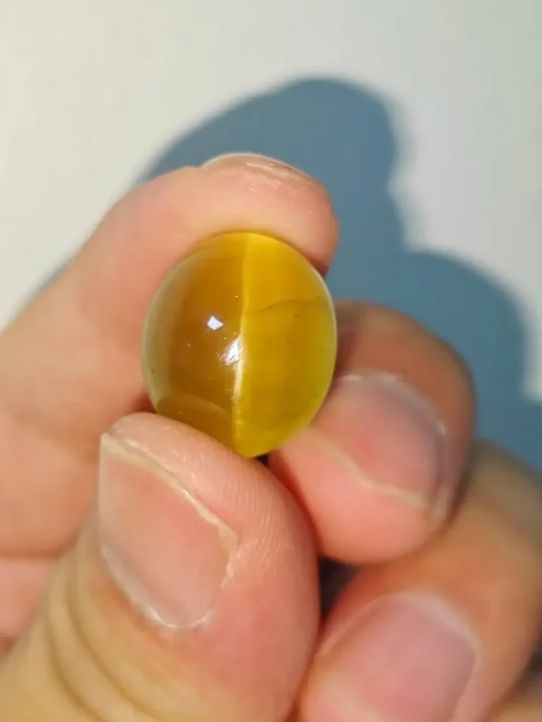 Yellow-green cat’s eye apatite gemstone showing chatoyancy with visible fibrous and tubular inclusions.
